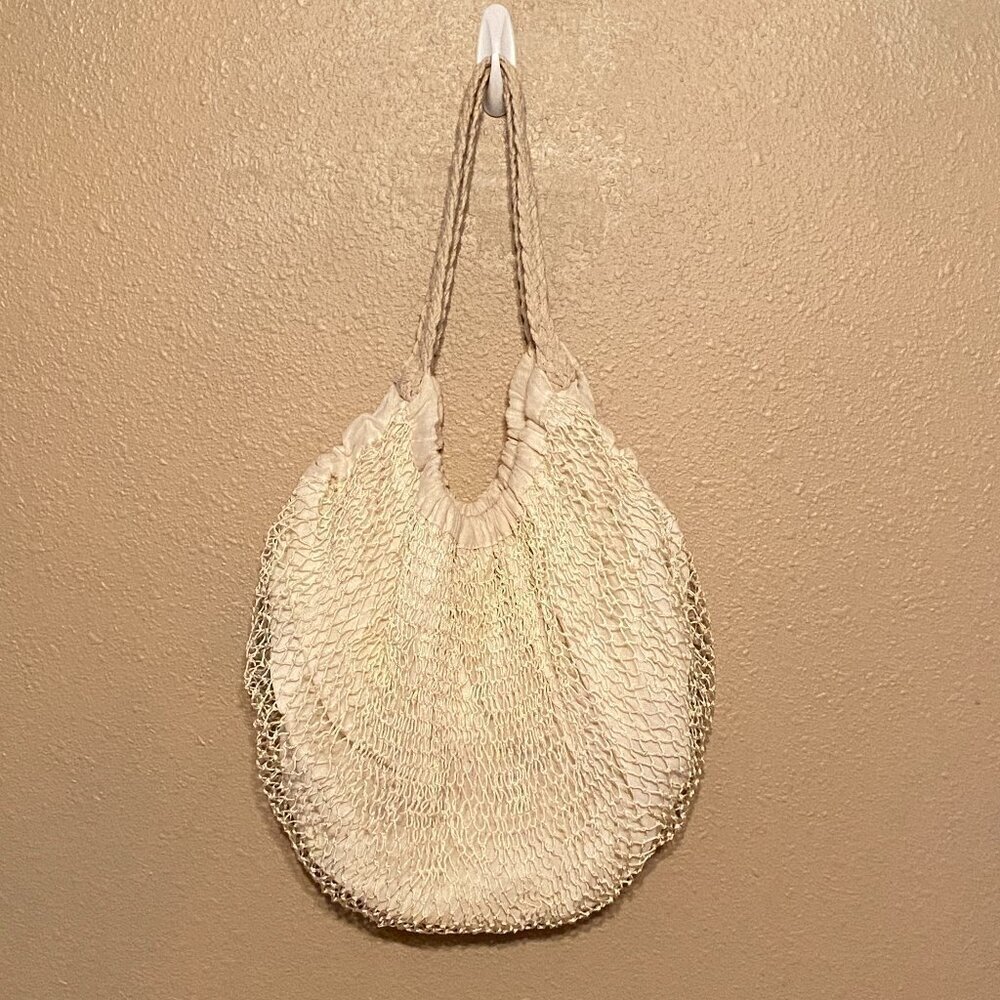 Cream Mesh Bohemian Hobo Shoulder Bag with Snap Closure